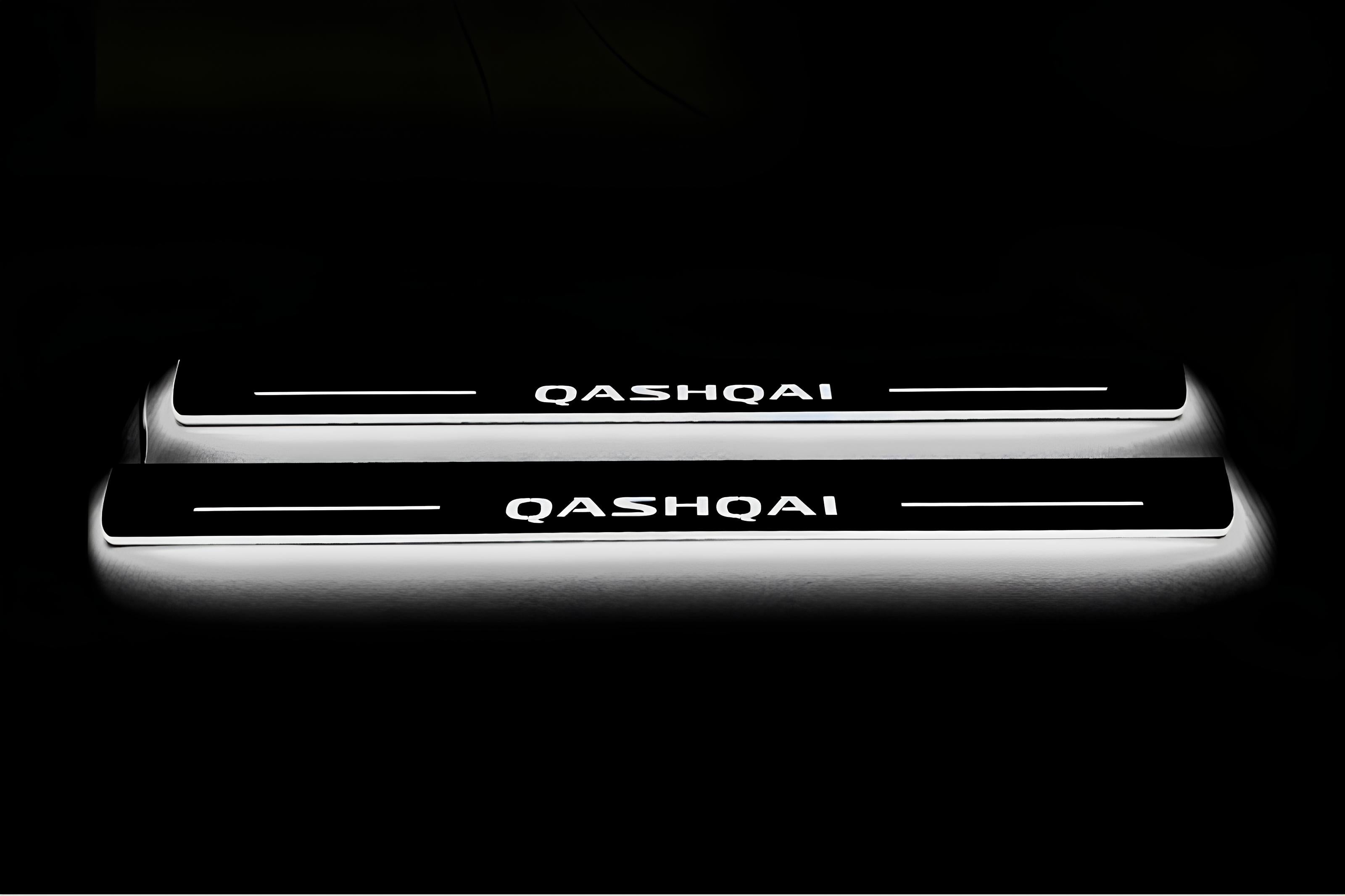 Illuminated LED Door Sill Tread Plates Nissan Qashqai III 2021+ With Qashqai Logo Nissan Led Door Sills opdesign
