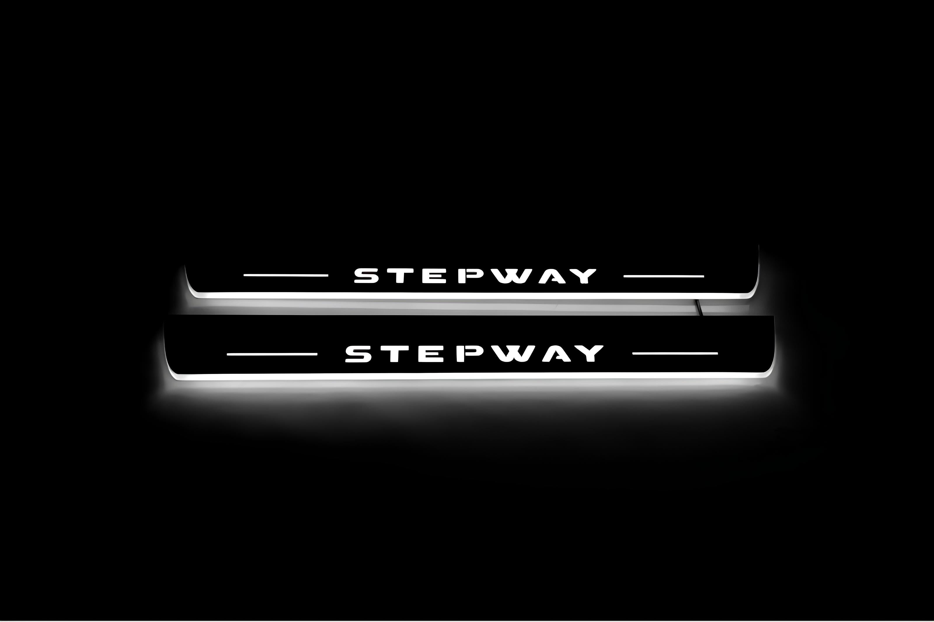 Illuminated LED Door Sill Tread Plates Renault Sandero Stepway II 2013+ With Stepway Logo Renault Led Door Sills opdesign