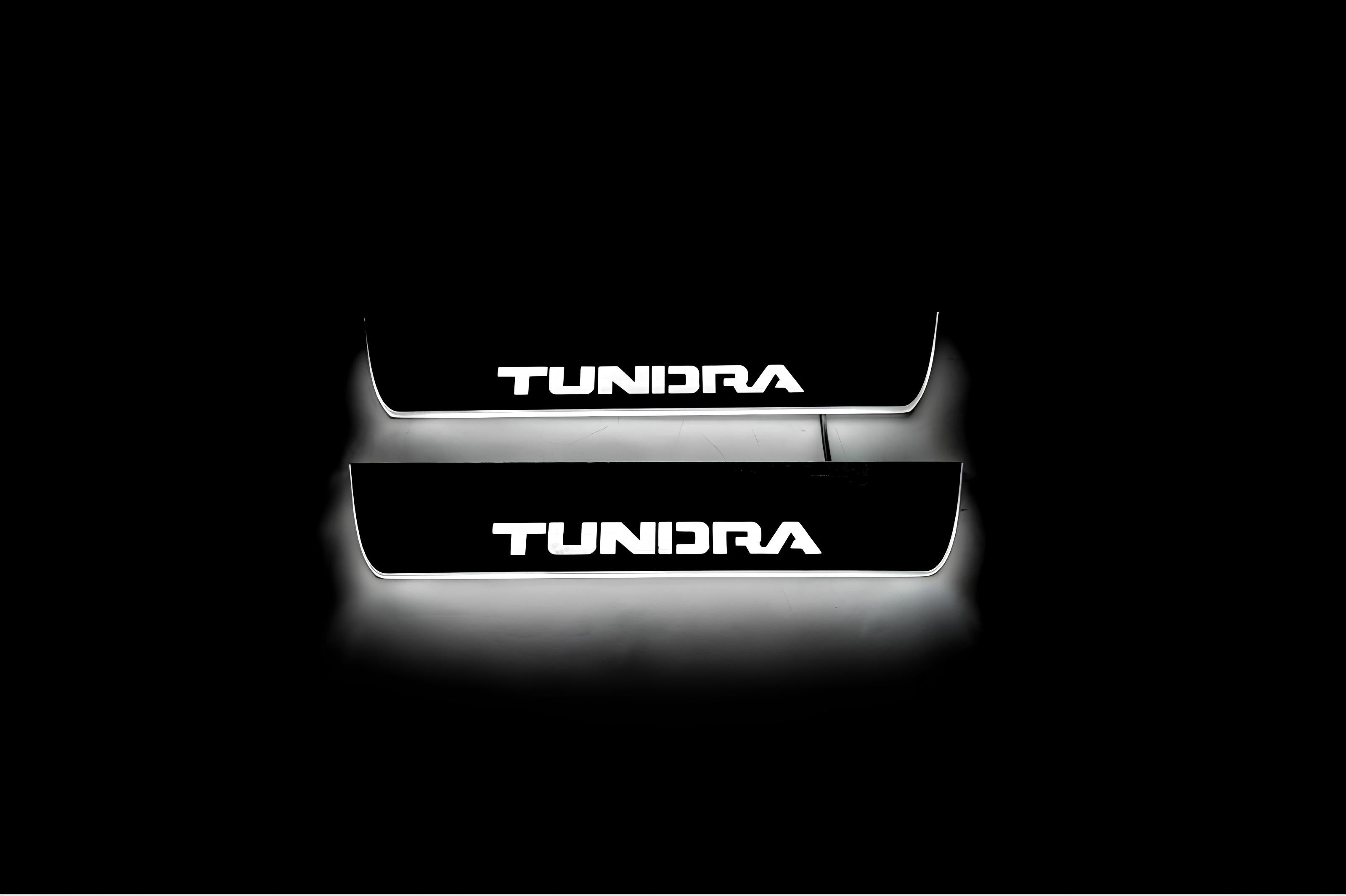 Illuminated LED Door Sill Tread Plates Toyota Tundra III 2014-2021 With Tundra Logo Toyota Led Door Sills opdesign