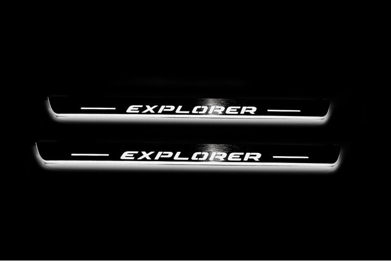 Illuminated LED Door Sill Tread Plates Ford Explorer V 2011-2019 With Explorer Logo Ford Led Door Sills opdesign