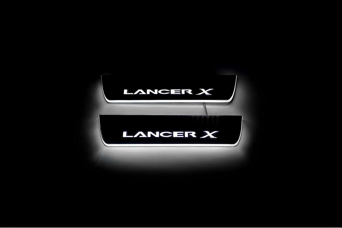 Mitsubishi Lancer X 2007+ LED door sill plates in stainless steel with Lancer X logo