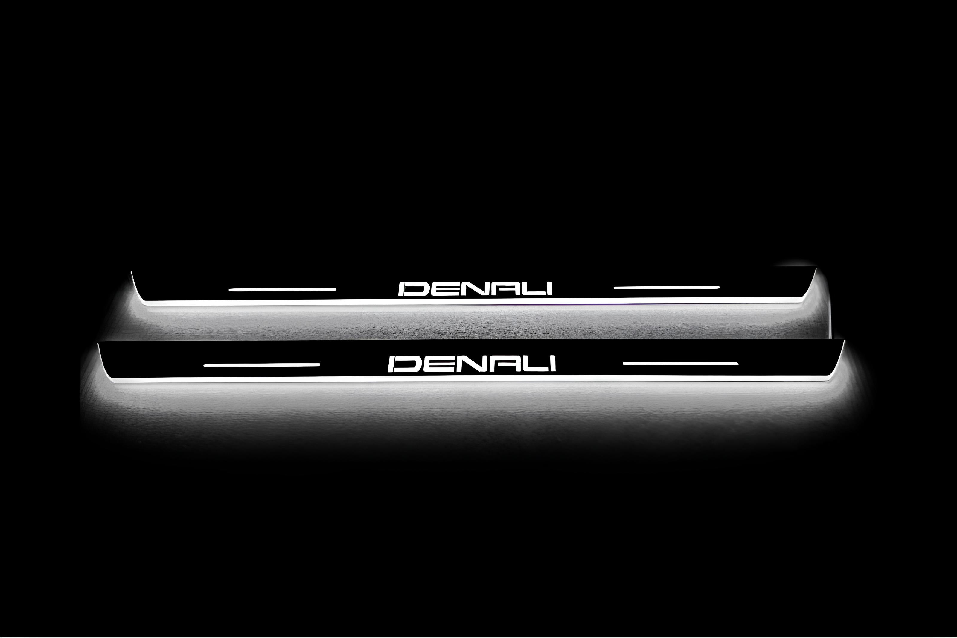 Illuminated LED Door Sill Tread Plates GMC Sierra V 2018+ With DENALI Logo GMC Led Door Sills opdesign