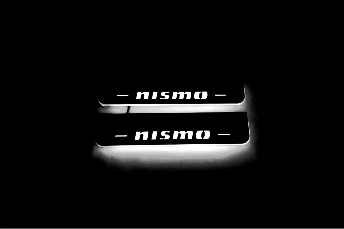 Nissan Patrol Y62 2010+ stainless steel LED door sill plates with NISMO logo