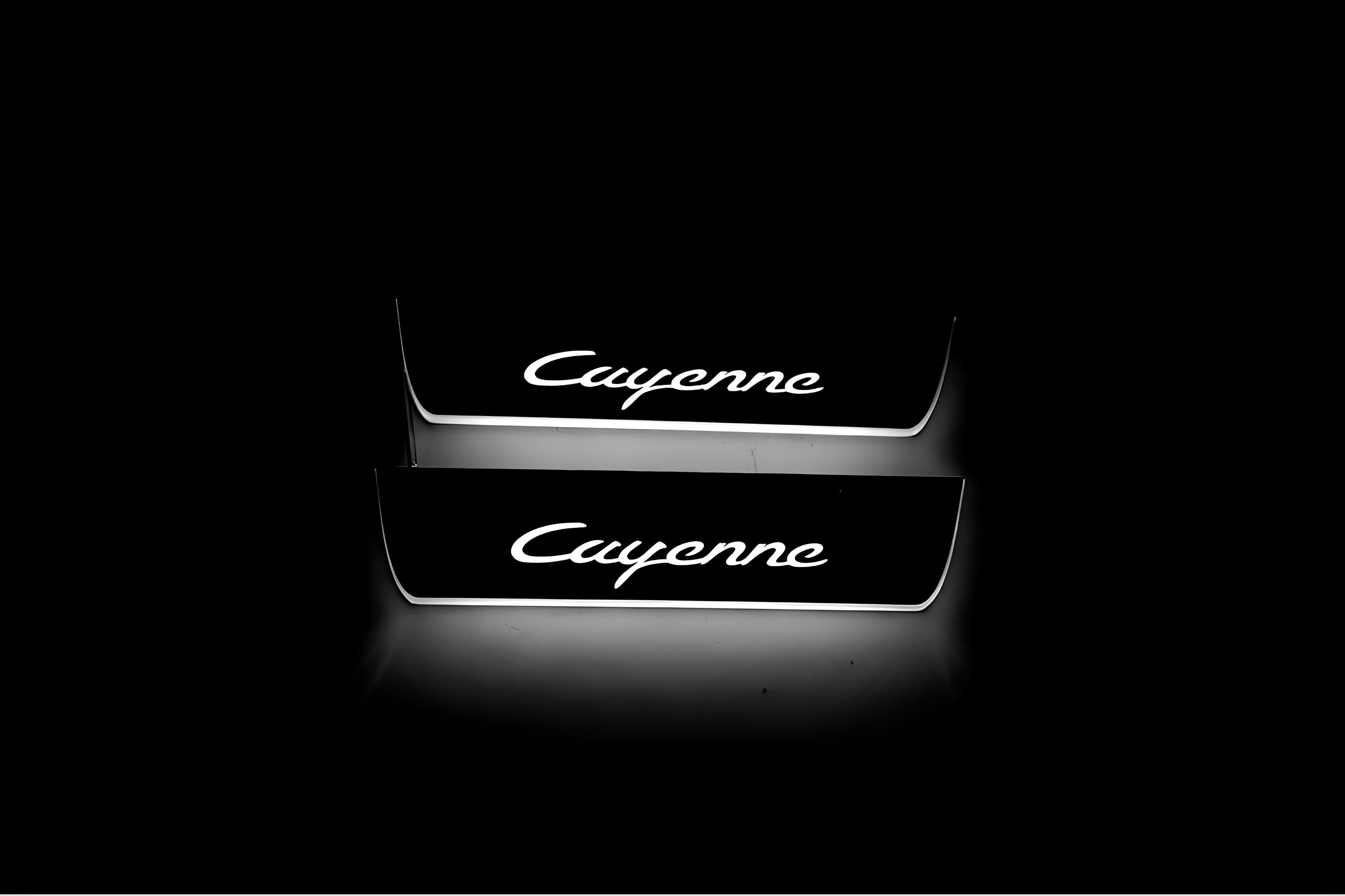 Illuminated LED Door Sill Tread Plates Porsche Cayenne II 2010-2017 With Cayenne Logo Porsche Led Door Sills opdesign