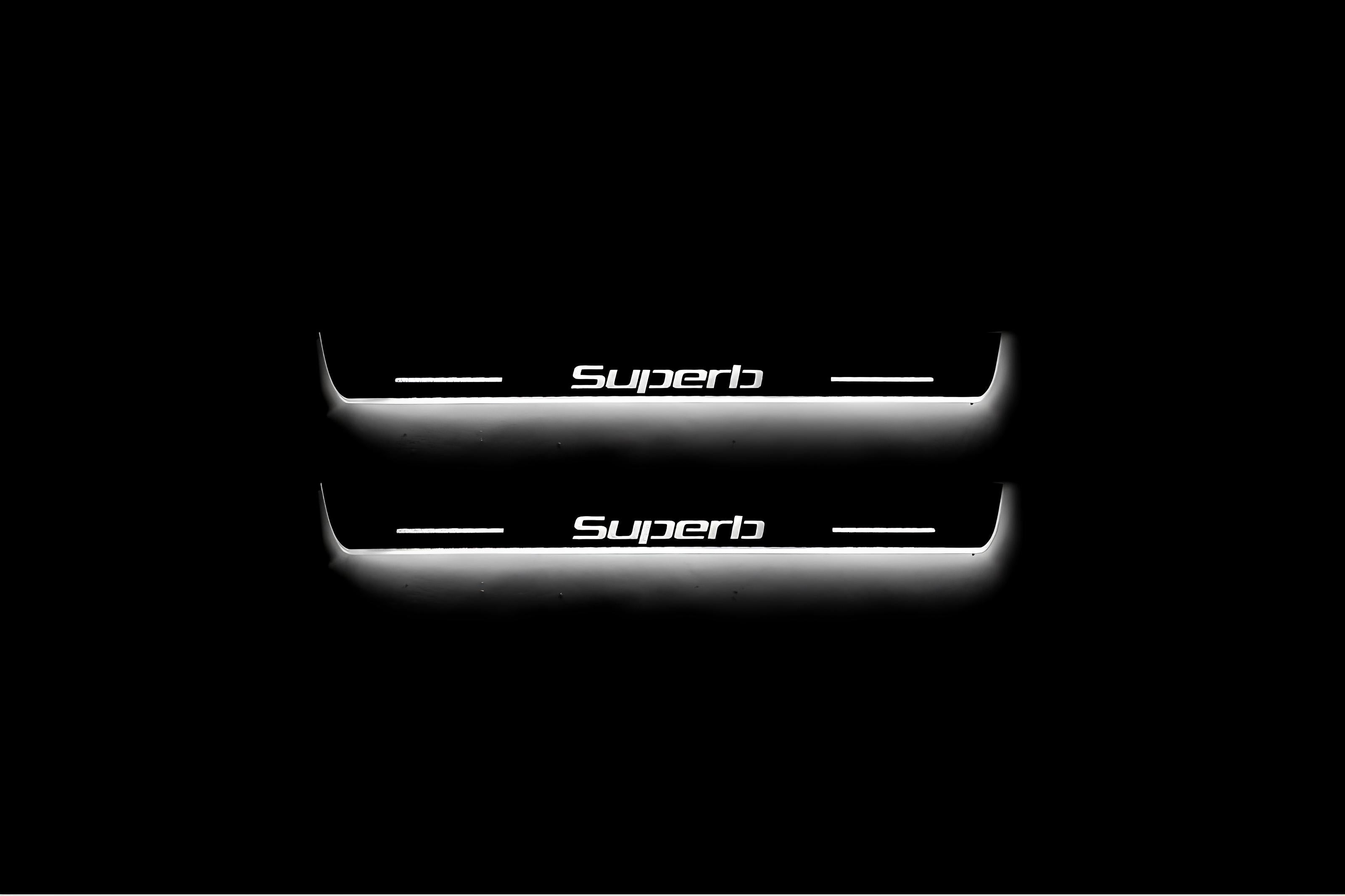 Illuminated LED Door Sill Tread Plates Skoda SuperB II 2008-2015 With SuperB Logo Skoda Led Door Sills opdesign