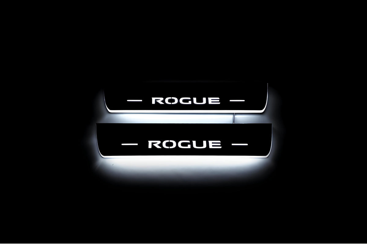 Nissan Rogue II T32 2014+ stainless steel LED door sill plates with Rogue logo