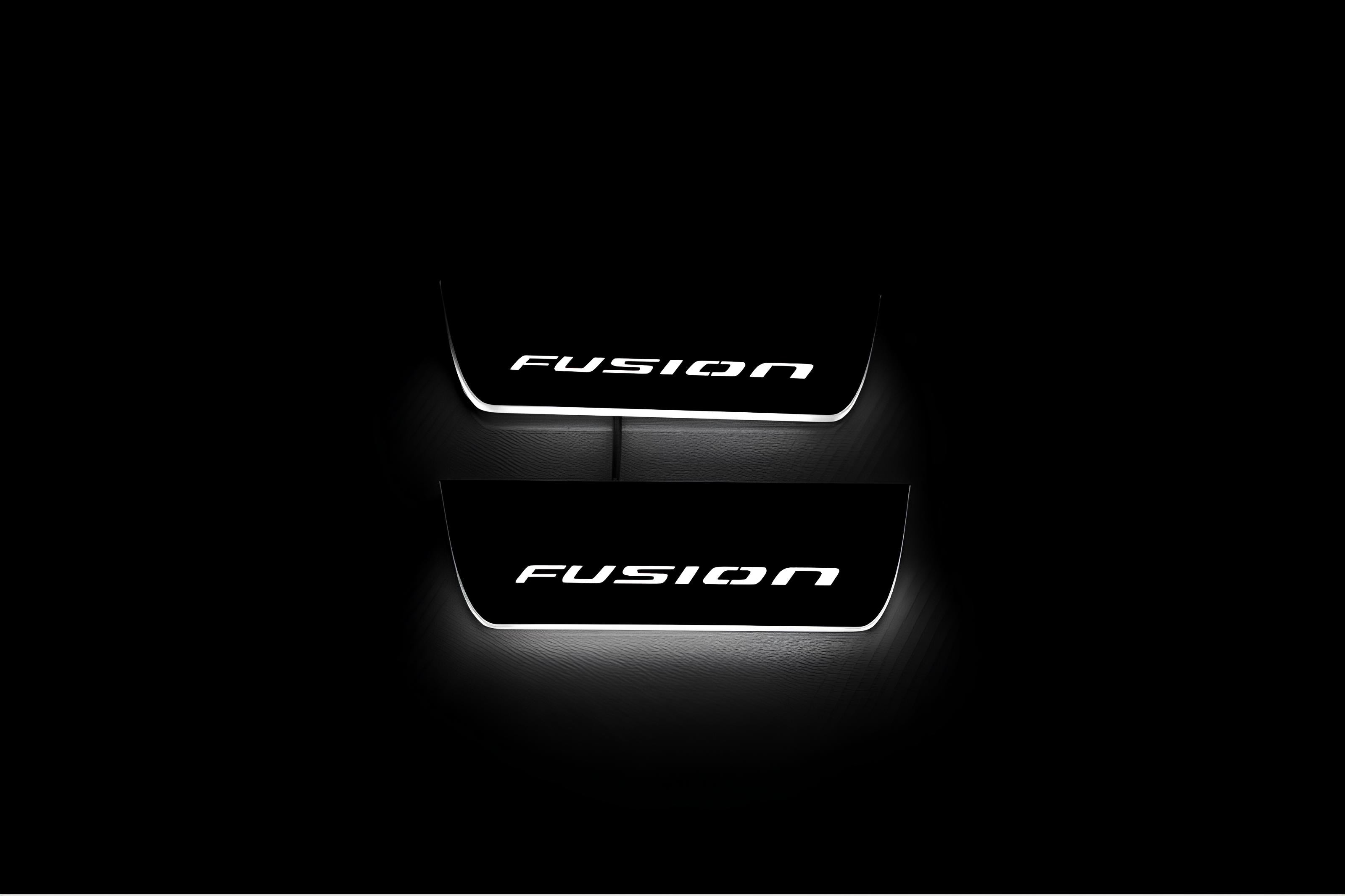 Illuminated LED Door Sill Tread Plates Ford Fusion II 2012-2020 With Fusion Logo Ford Led Door Sills opdesign