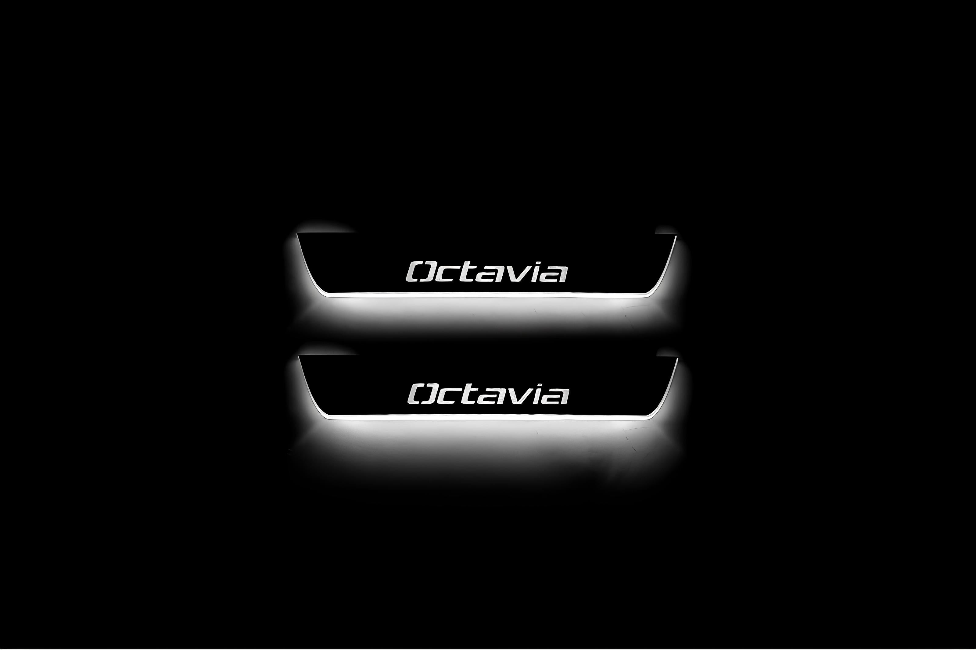 Illuminated LED Door Sill Tread Plates Skoda Octavia II (A5) 2004-2013 With Octavia Logo Skoda Led Door Sills opdesign