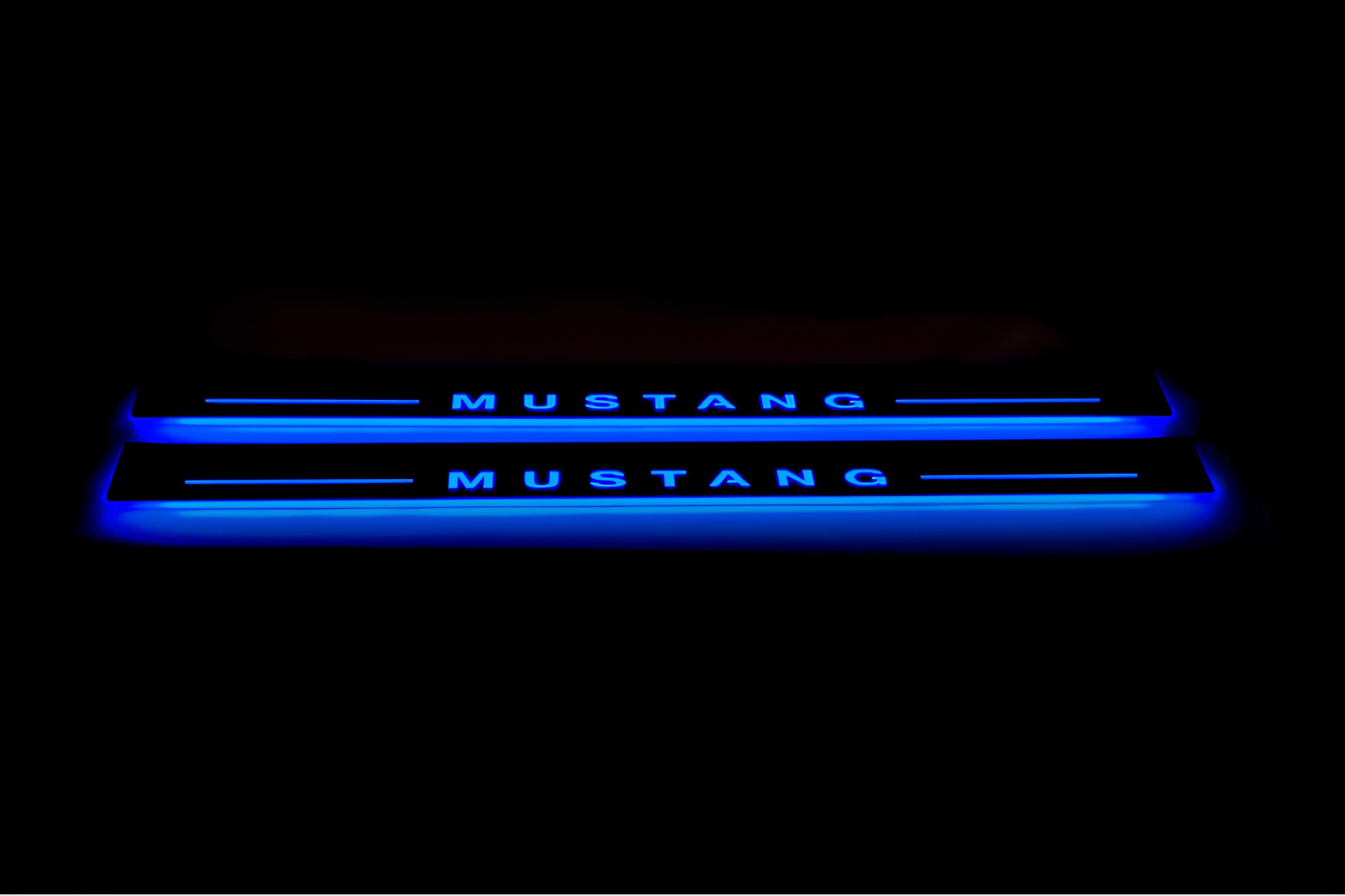 Illuminated LED Door Sill Tread Plates Ford Mustang VI 2015-2023 With Mustang Logo Ford Led Door Sills opdesign