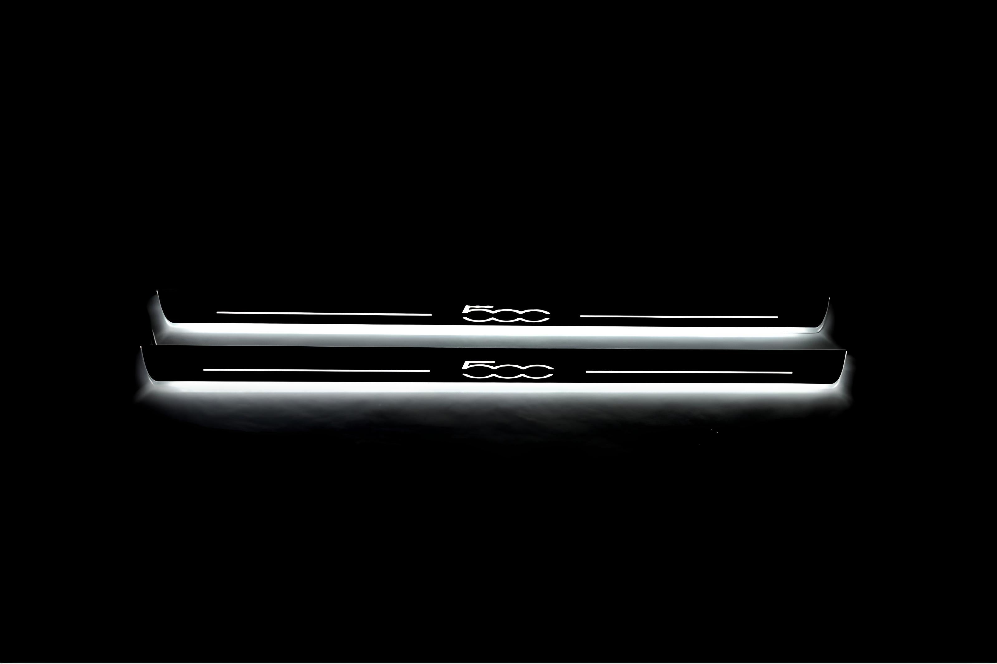 Illuminated LED Door Sill Tread Plates Fiat 500 2007+ With 500 Logo Fiat Led Door Sills opdesign