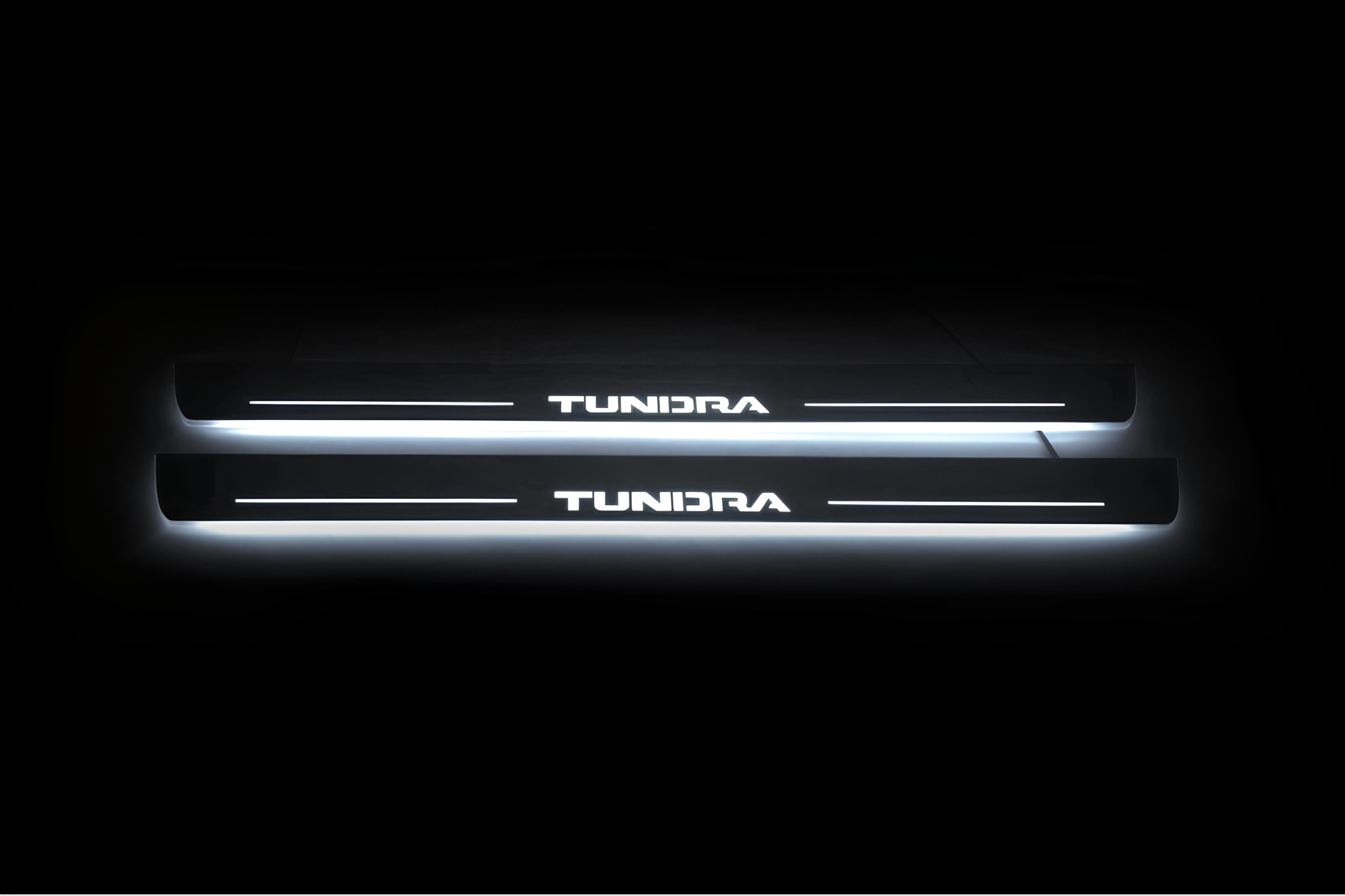 Illuminated LED Door Sill Tread Plates Toyota Tundra III 2014-2021 With Tundra Logo Toyota Led Door Sills opdesign