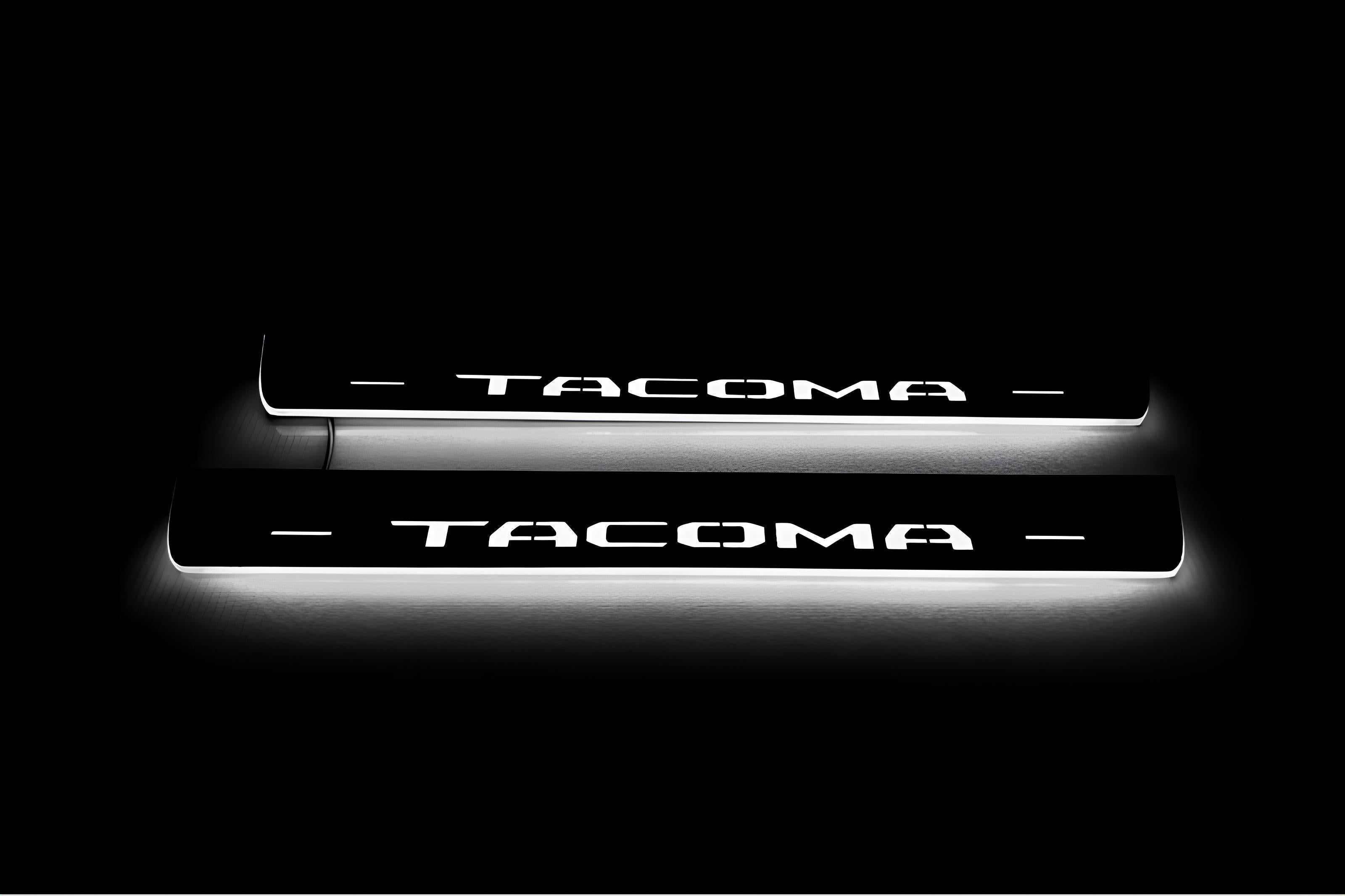 Illuminated LED Door Sill Tread Plates Toyota Tacoma III 2016+ With Tacoma Logo Toyota Led Door Sills opdesign