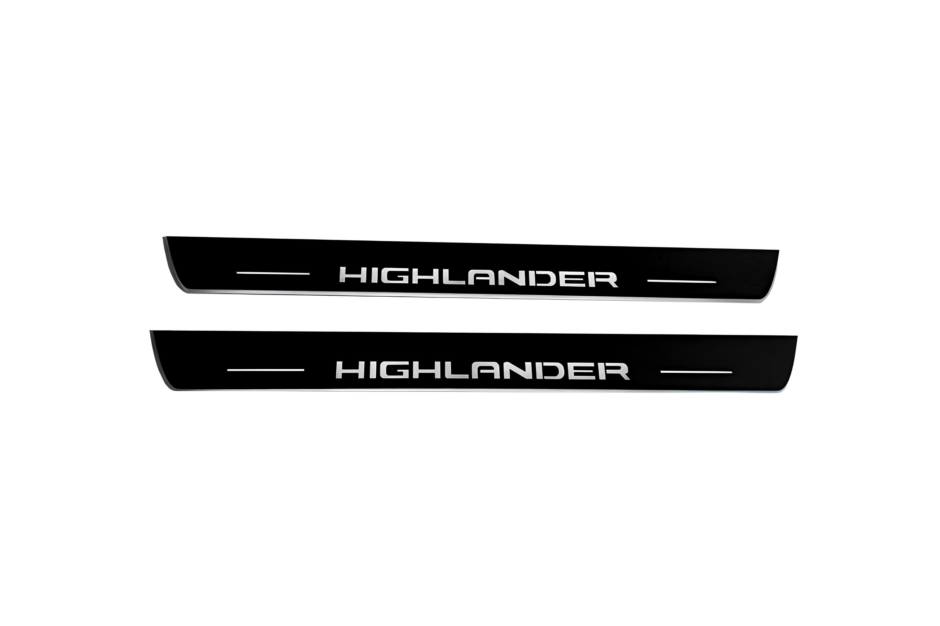 Illuminated LED Door Sill Tread Plates Toyota Highlander IV 2019+ With Highlander Logo Toyota Led Door Sills opdesign