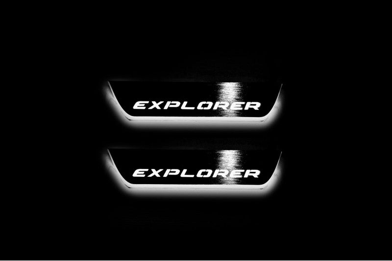 Illuminated LED Door Sill Tread Plates Ford Explorer V 2011-2019 With Explorer Logo Ford Led Door Sills opdesign