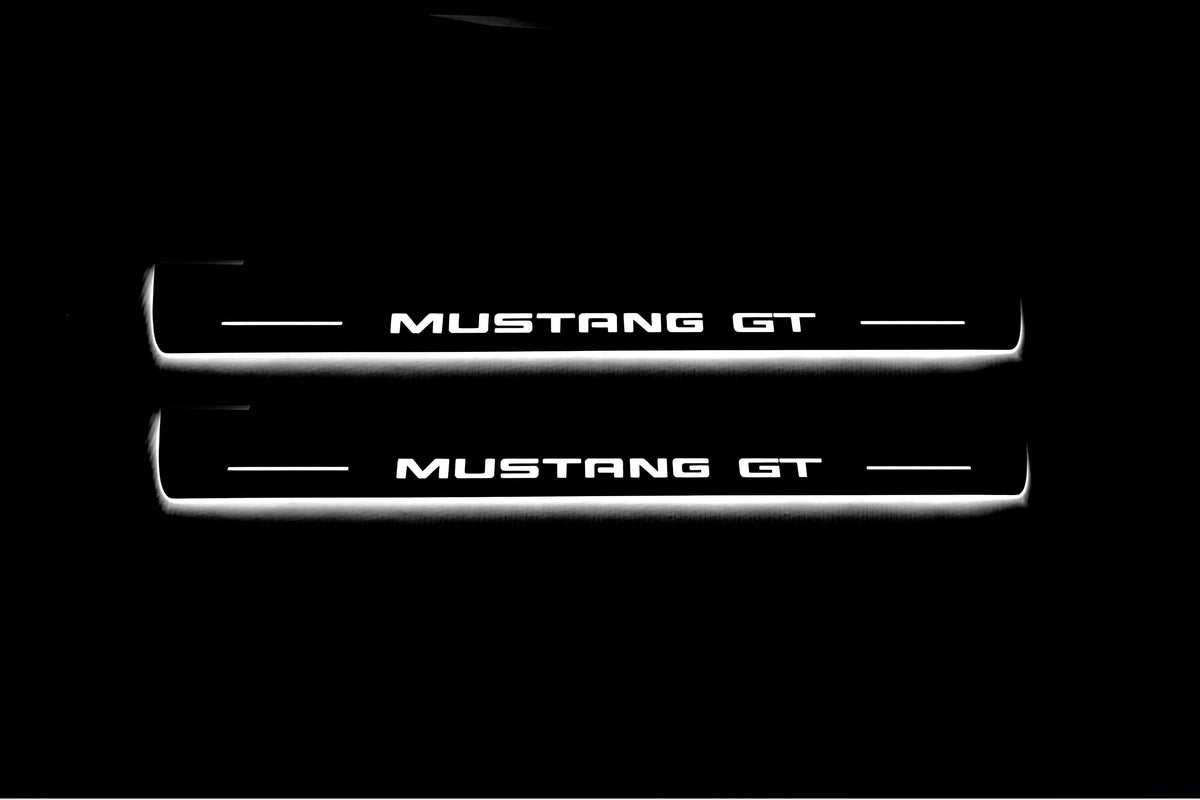 Ford Mustang V S197 2005+ entry guards in stainless steel with Mustang GT logo