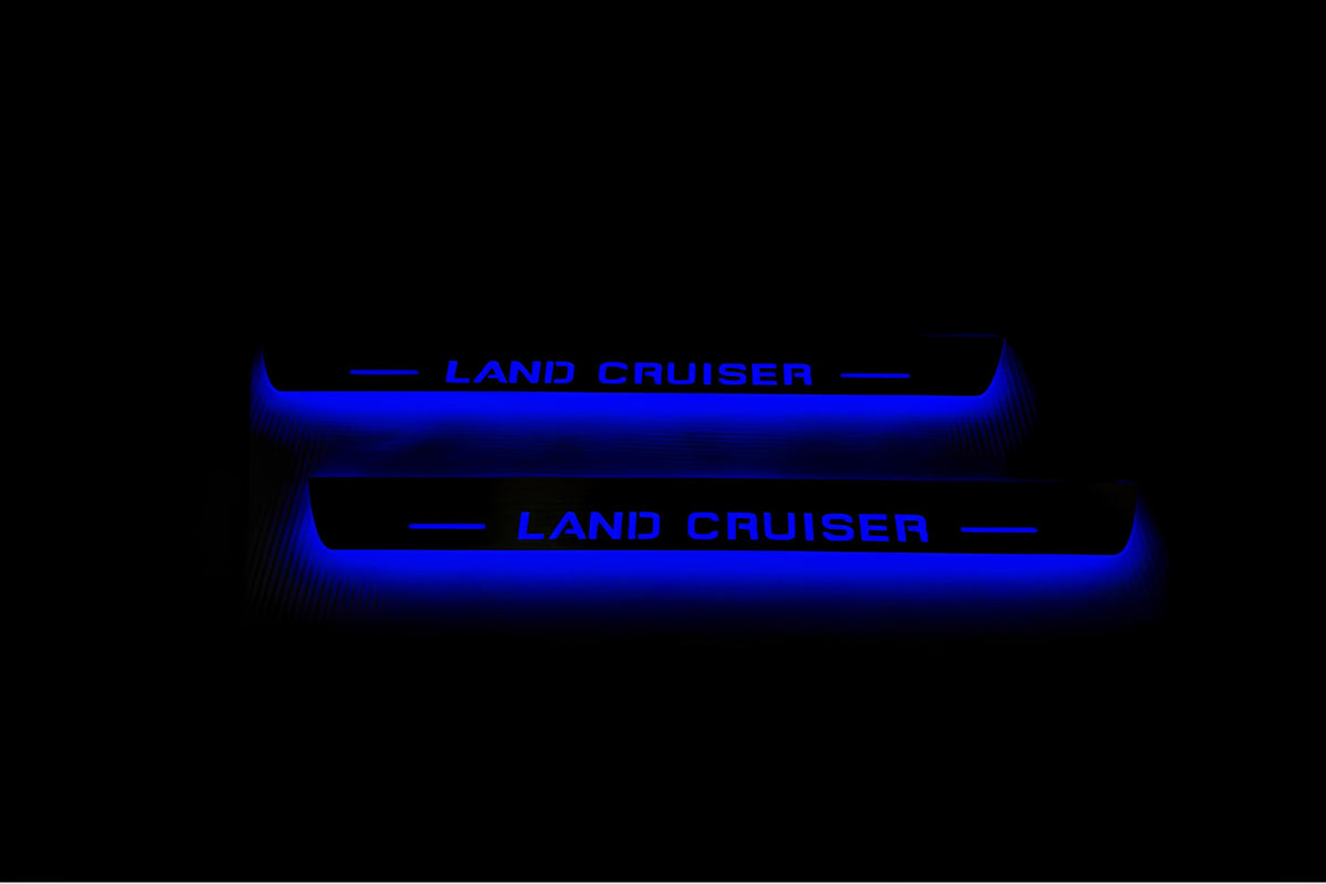 Toyota LC 200 2007+ stainless steel LED door sill plates with Land Cruiser logo