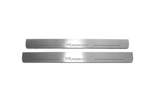 Illuminated LED Door Sill Tread Plates Hyundai Tucson II 2015-2020 With Tucson Logo Hyundai Led Door Sills opdesign