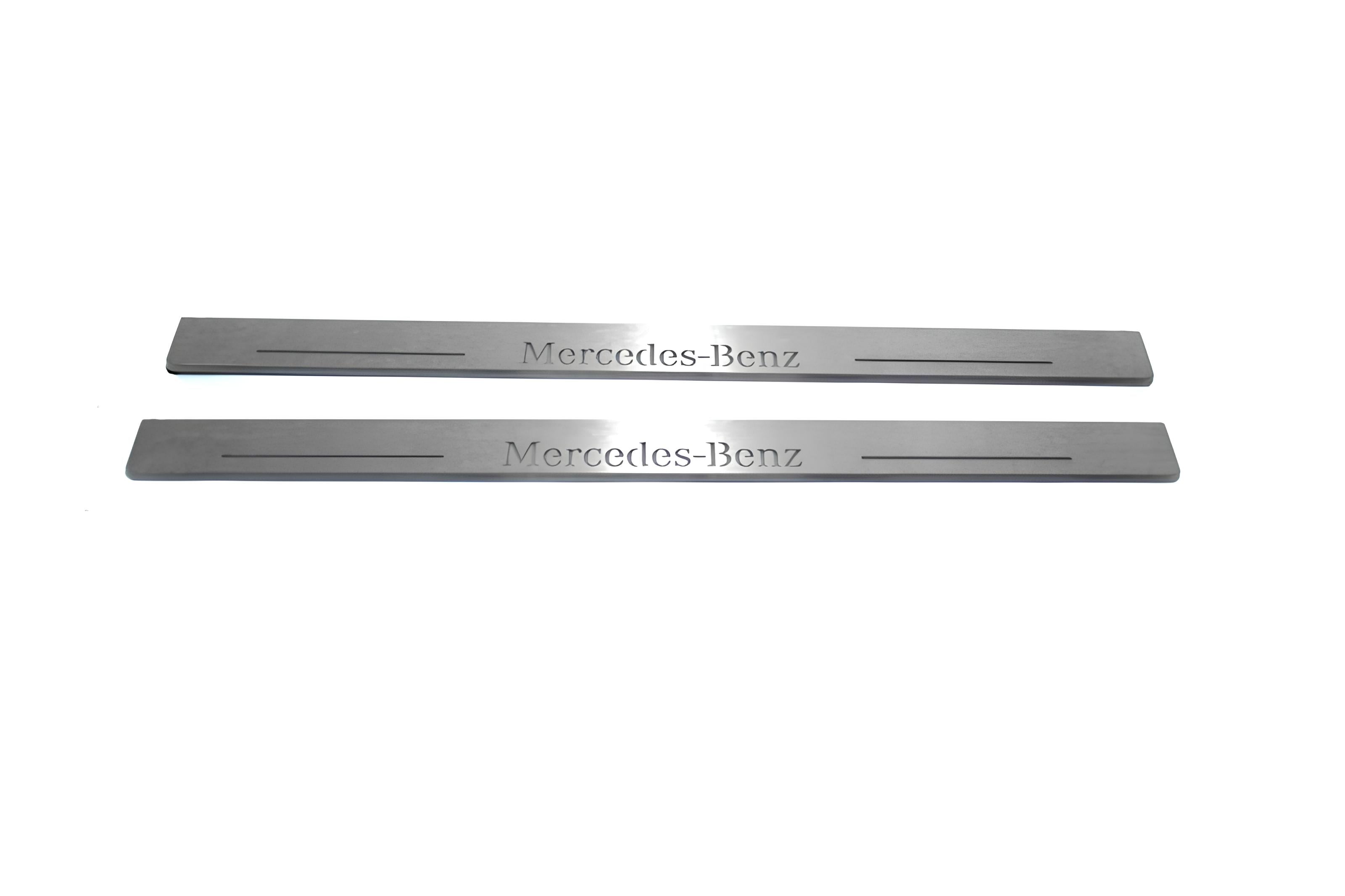Illuminated LED Door Sill Tread Plates Mercedes E W124 1985-1996 With Mercedes-Benz Logo Mercedes Led Door Sills opdesign