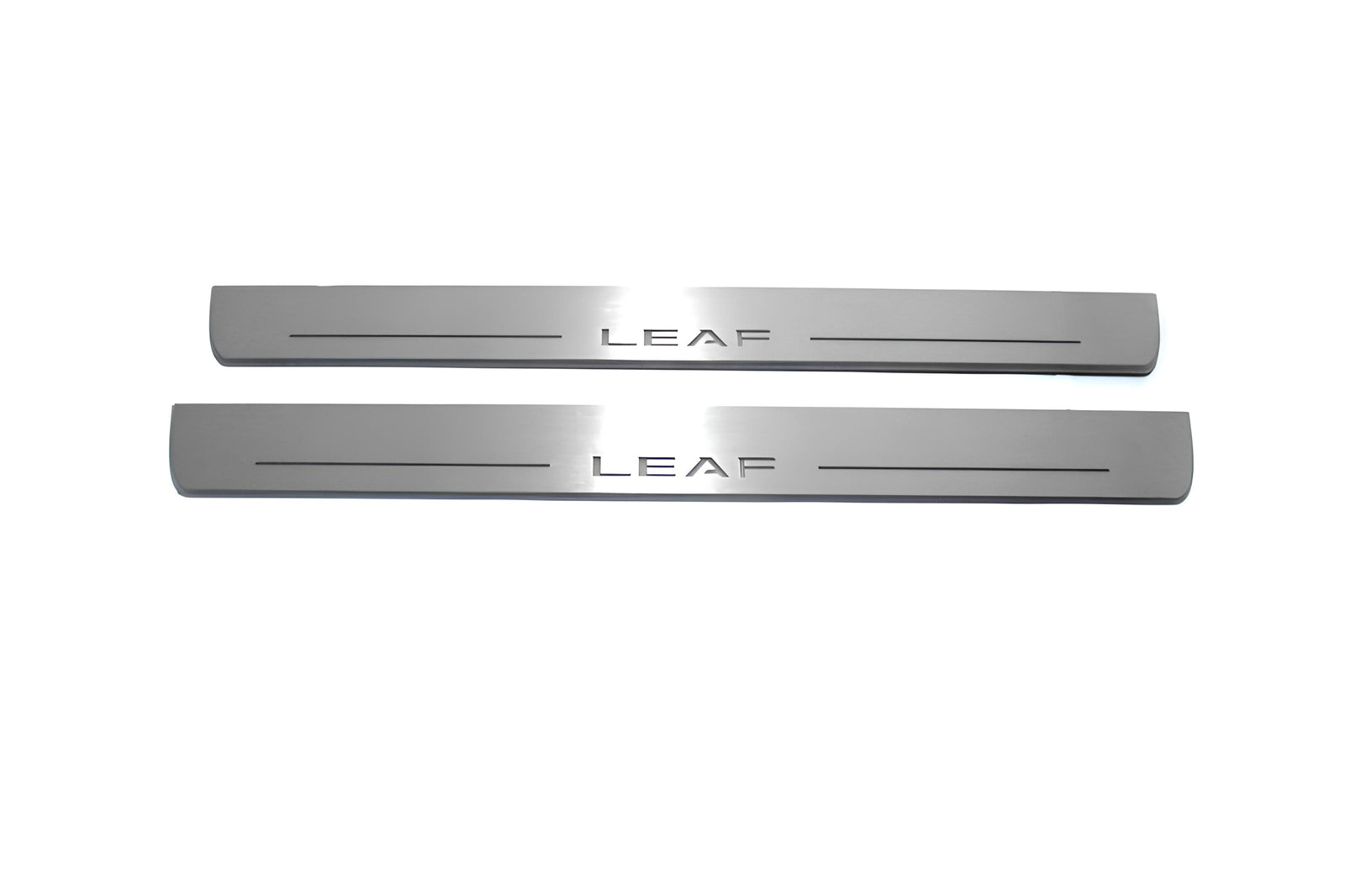 Nissan Leaf I 2010+ illuminated entry guards in stainless steel with Leaf logo