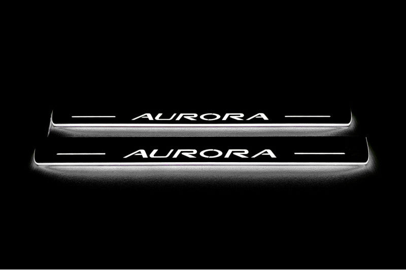 Oldsmobile Aurora I 1995+ LED door sill plates in stainless steel with Aurora logo