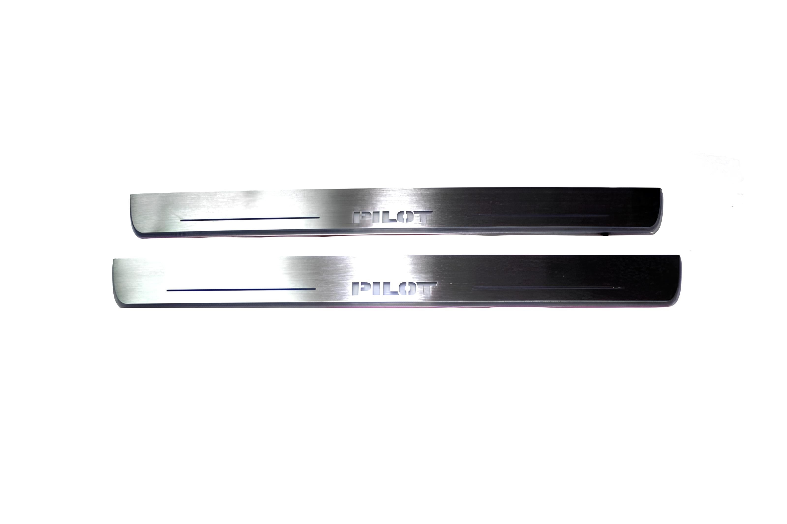 Illuminated LED Door Sill Tread Plates Honda Pilot II 2008-2015 With Pilot Logo Honda Led Door Sills opdesign