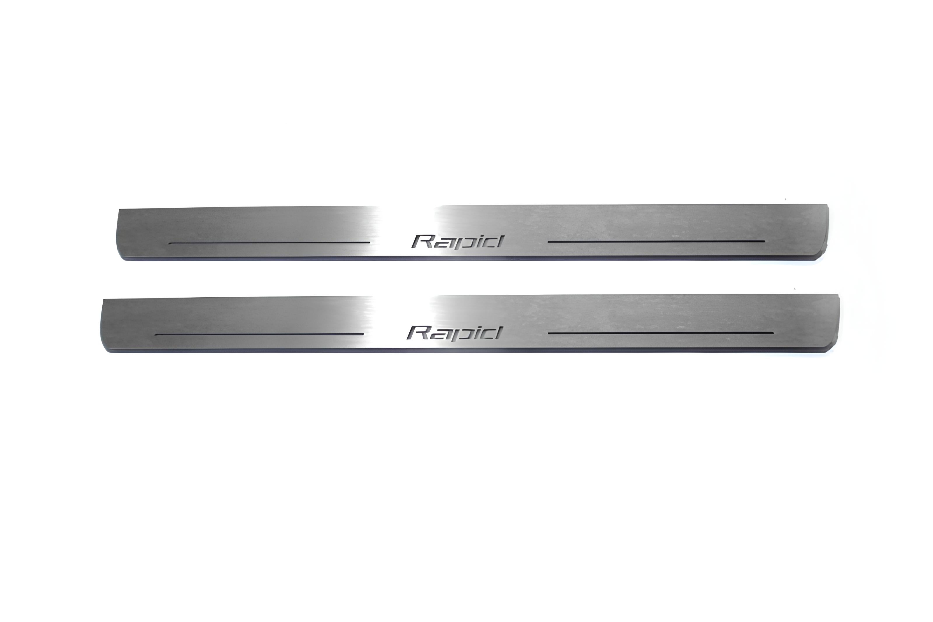 Illuminated LED Door Sill Tread Plates Skoda Rapid 2012+ With Rapid Logo Skoda Led Door Sills opdesign