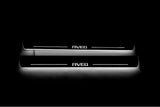 Two long door sill plates with Aveo lettering and edges illuminated in white, straight-on view on a dark background.