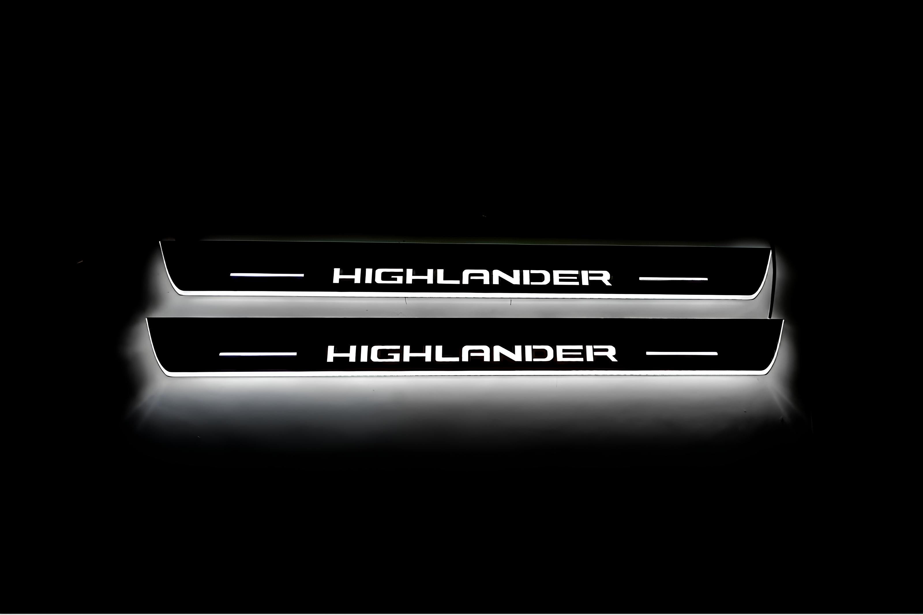 Illuminated LED Door Sill Tread Plates Toyota Highlander IV 2019+ With Highlander Logo Toyota Led Door Sills opdesign