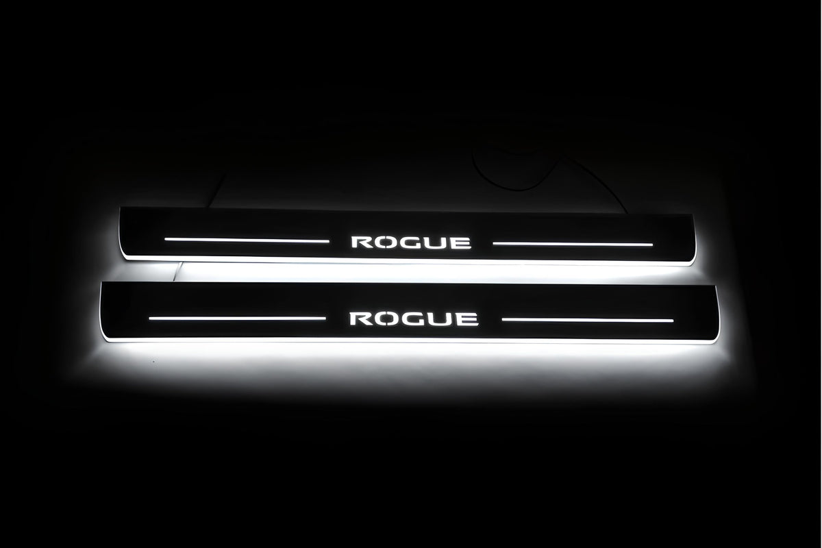 stainless steel LED door sill plates with Nissan Rogue II T32 2014+ with Rogue logo