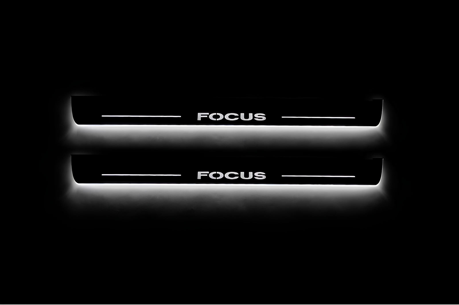 Ford Focus II 2004+ stainless steel illuminated entry guards with Focus logo