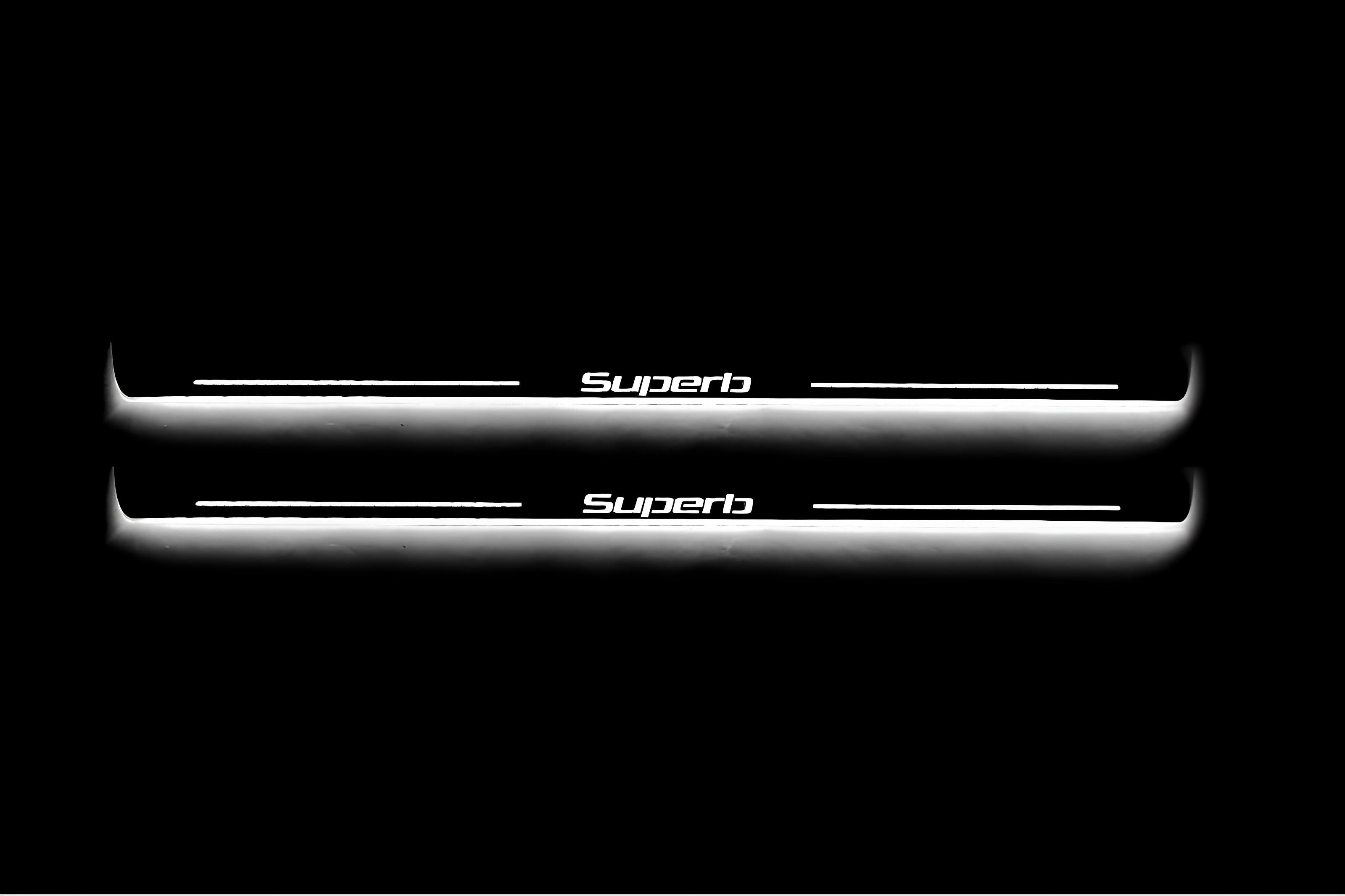 Illuminated LED Door Sill Tread Plates Skoda SuperB II 2008-2015 With SuperB Logo Skoda Led Door Sills opdesign