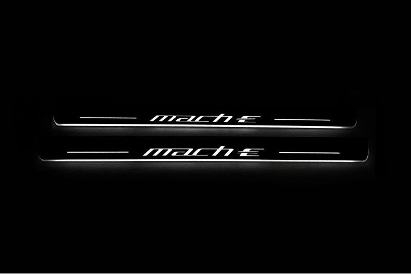 Ford Mach-E 2020+ stainless steel illuminated entry guards with Mach-E logo
