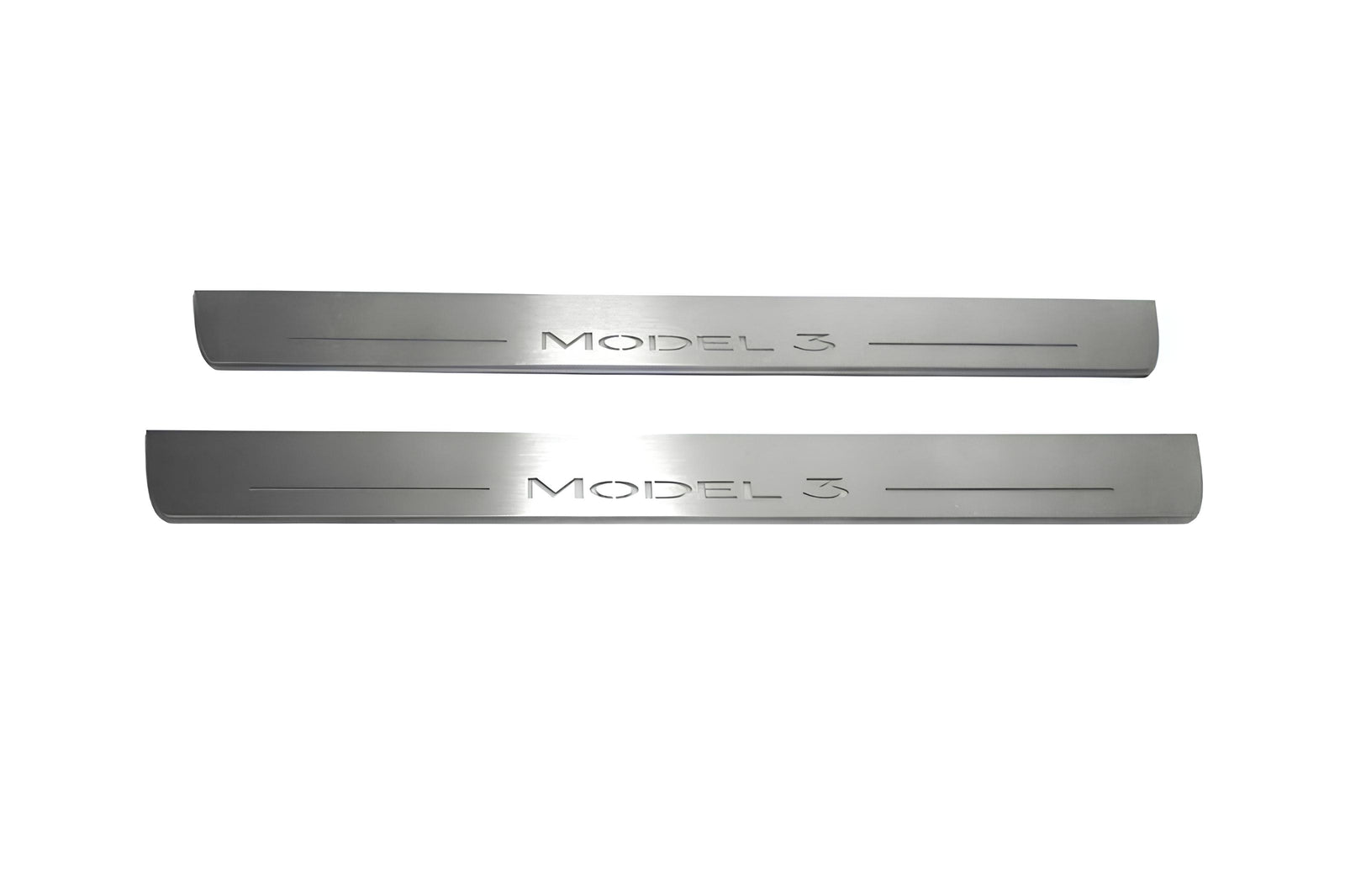 Tesla Model 3 2017+ door sill plates in stainless steel with Model 3 logo