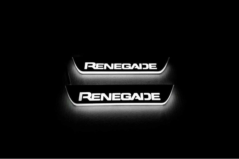 Two short door sill plates with Renegade lettering and edges illuminated in white, straight-on view on a dark background.