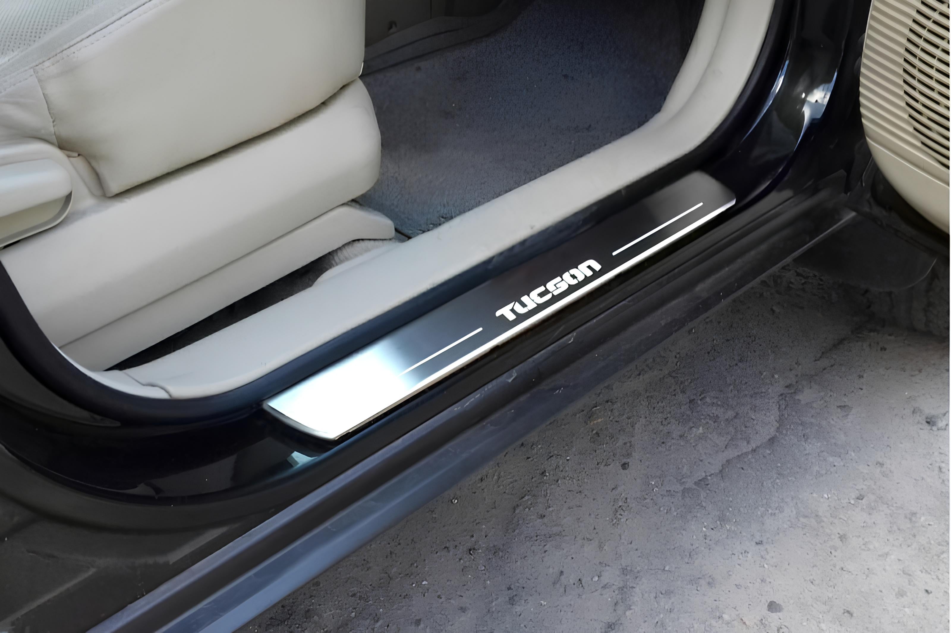 Illuminated LED Door Sill Tread Plates Hyundai Tucson I 2004-2015 With Tucson Logo Hyundai Led Door Sills opdesign