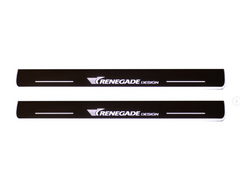 Two long reflective door sill plates with white Renegade Design lettering and wing graphics.