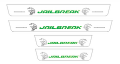 Catalog illustration of four light door sill plates with green Jailbreak lettering and Hellcat head emblems.