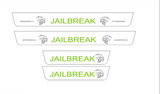 Catalog illustration of four light door sill plates: small gray Jailbreak lettering on the long pair and larger green lettering on the short pair.