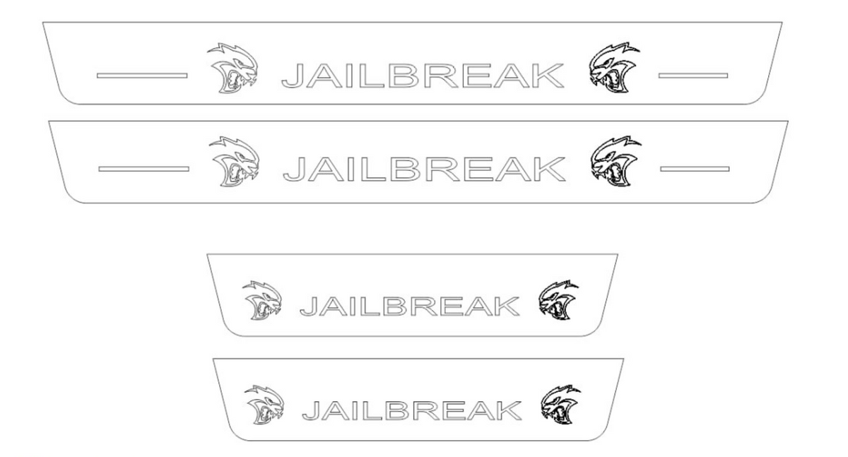 Catalog illustration of four light door sill plates with white Jailbreak lettering and contrasting Hellcat head emblems.