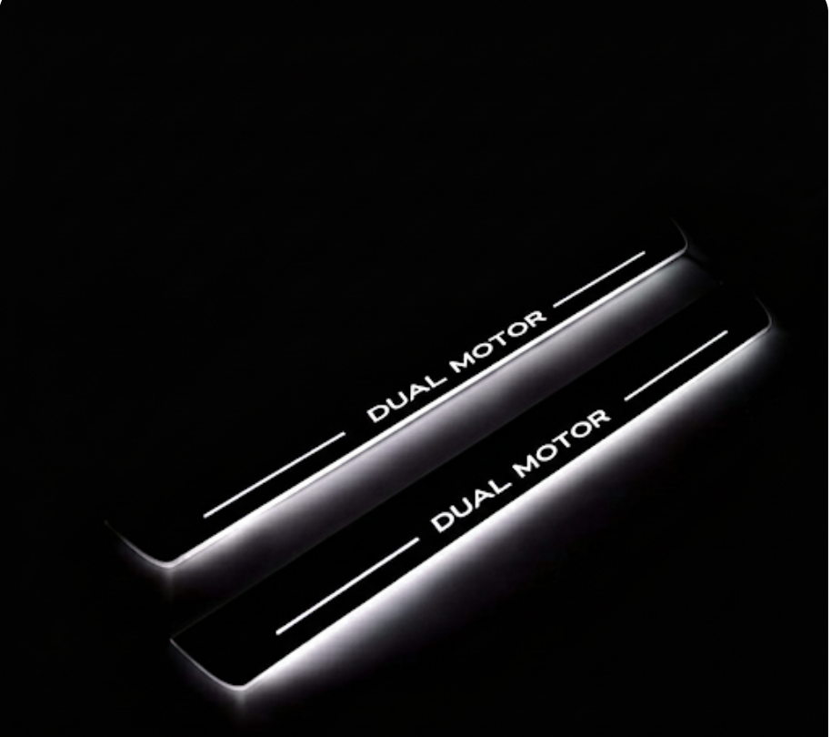 Tesla Model 3 2017+ illuminated entry guards in stainless steel with Dual Motor logo