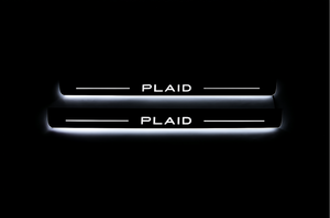 Illuminated LED Door Sill Tread Plates Tesla Model S 2012+ With PLAID Logo Tesla Led Door Sills decoinfabric