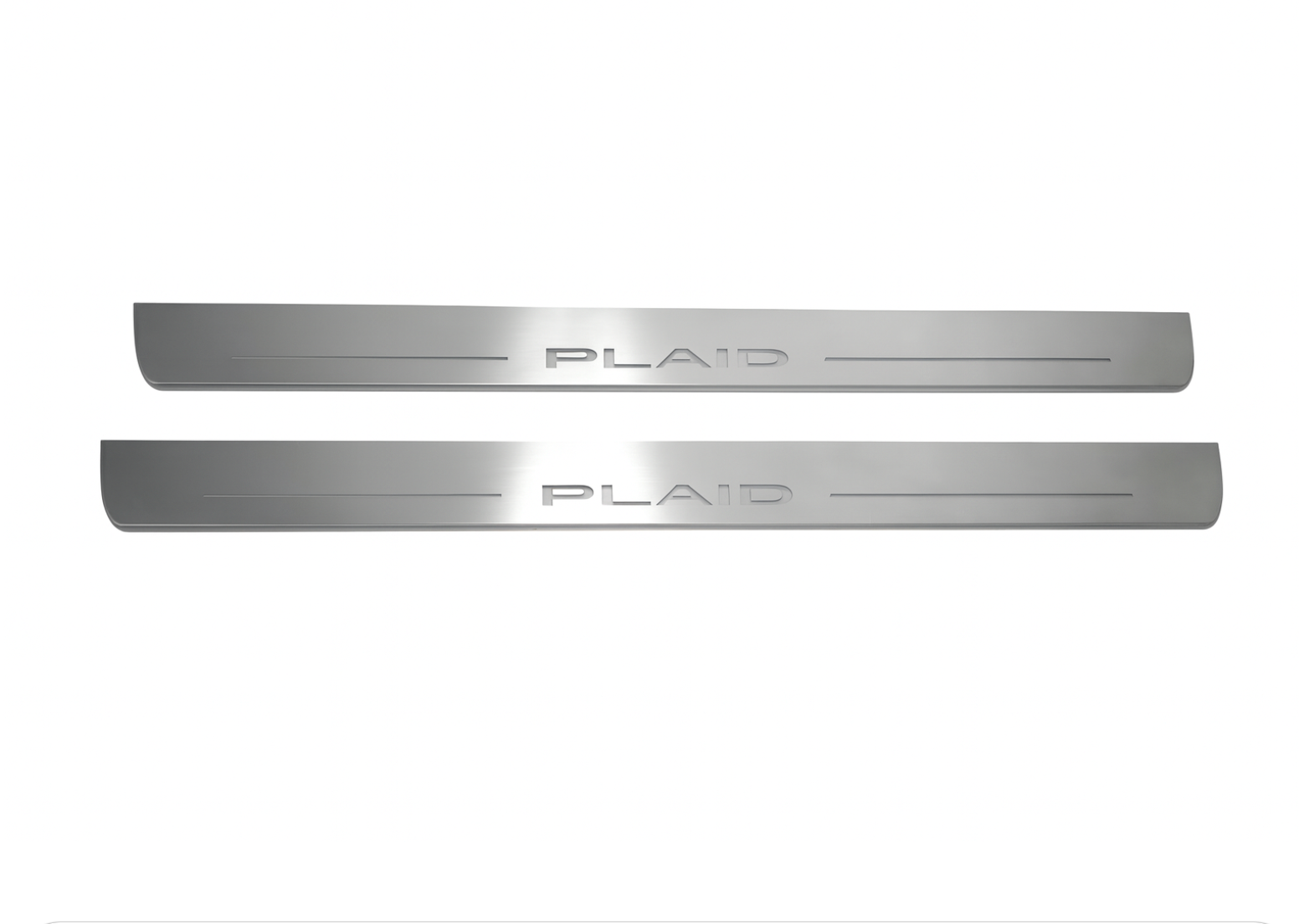 Tesla Model S 2012+ LED door sill plates in stainless steel with PLAID logo