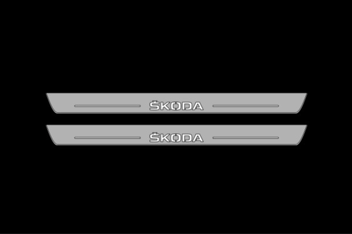 Illuminated LED Door Sill Tread Plates Skoda Octavia IV (A8) 2020+ With Skoda Logo Skoda Led Door Sills decoinfabric