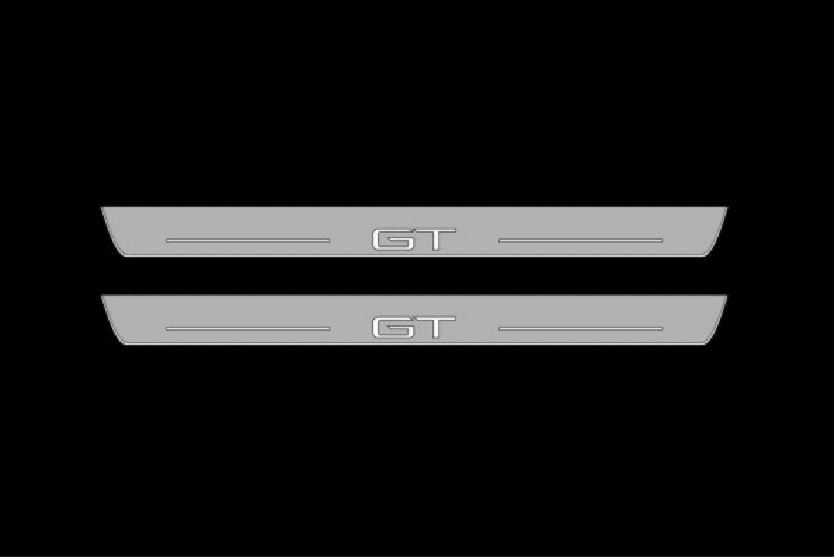 Illuminated LED Door Sill Tread Plates Mustang Mach-E with GT logo Ford Led Door Sills opdesign