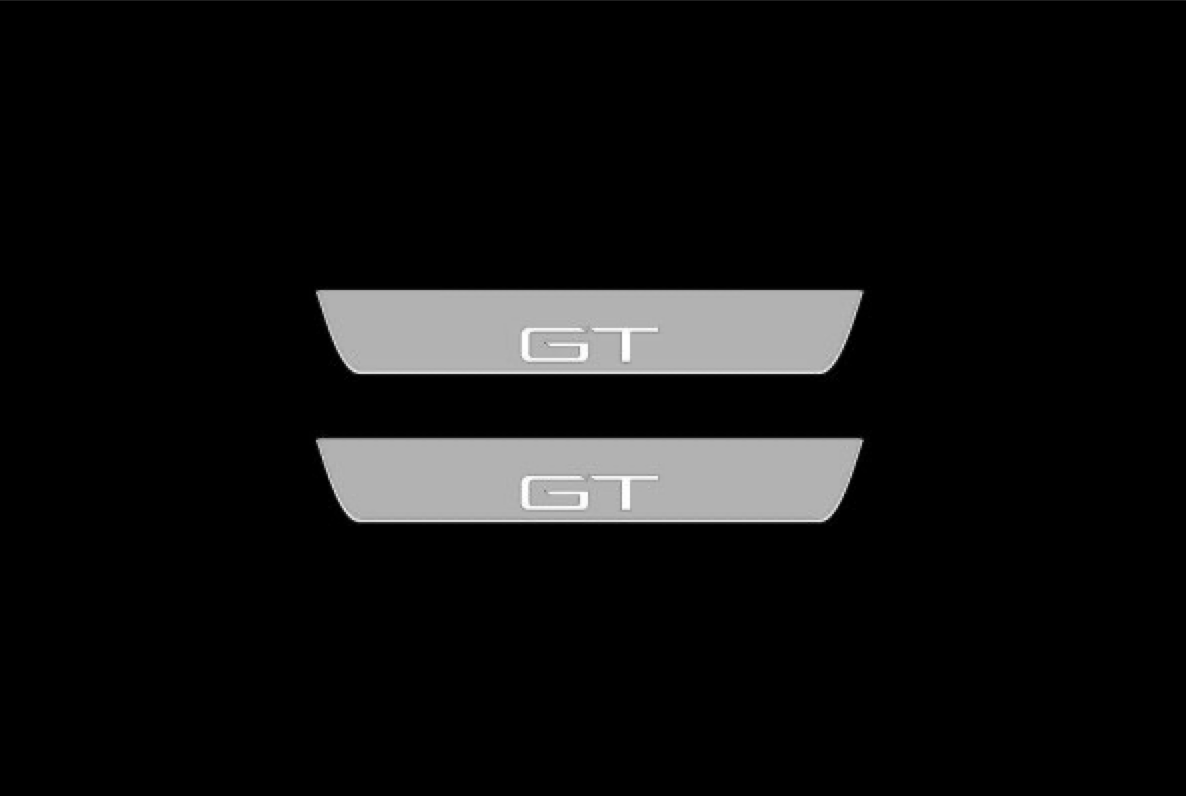 Illuminated LED Door Sill Tread Plates Mustang Mach-E with GT logo Ford Led Door Sills opdesign