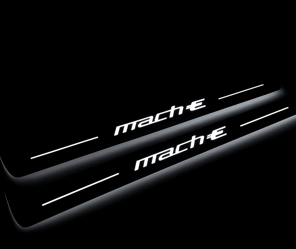 Mustang Mach-E 2020 illuminated entry guards in stainless steel with Mustang logo