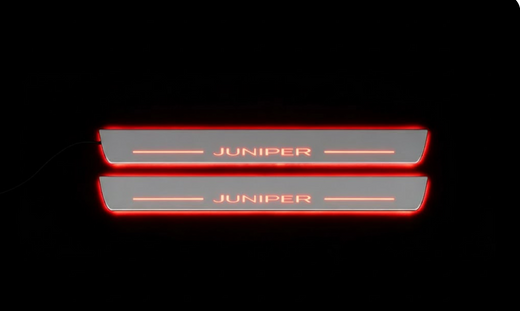 Tesla Model Y Juniper 2025–Present — Stainless Steel LED Door Sills — Juniper Logo