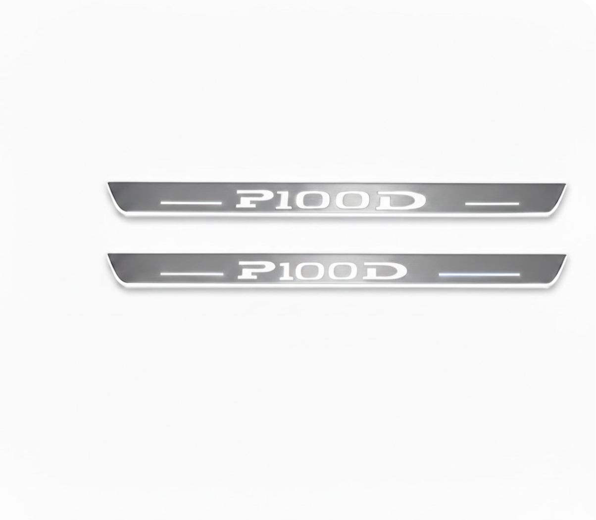 Tesla Model S 2012+ entry guards in stainless steel with P100D logo
