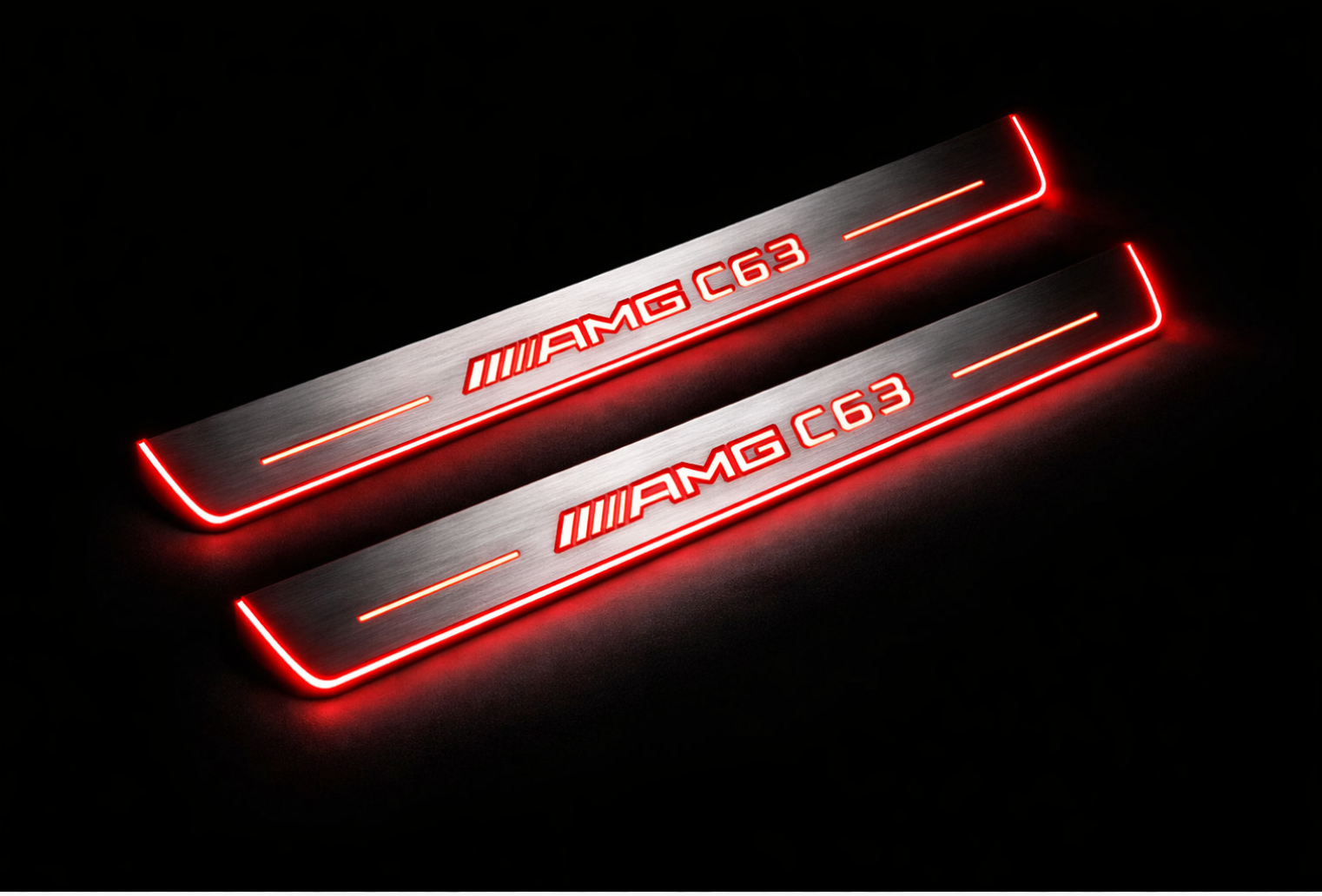 Illuminated LED Door Sill Tread Plates Mercedes C W204 2007-2014 With AMG C63 Logo Mercedes Led Door Sills opdesign