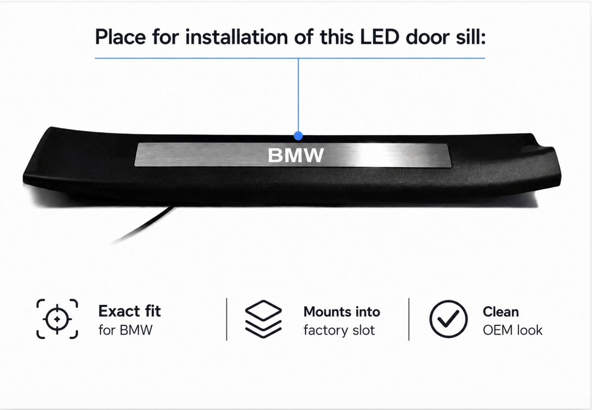 Installation diagram identifying the BMW insert position in a black molded threshold trim.